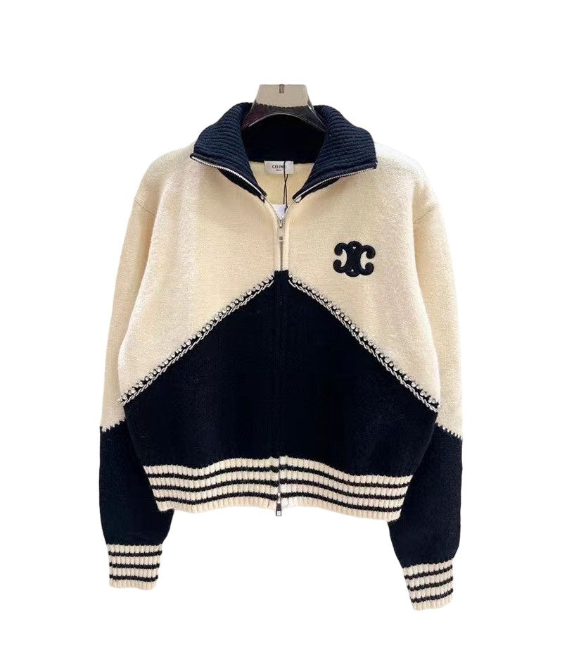 New High-quality lapel contrast rhinestone logo embroidered cardigan