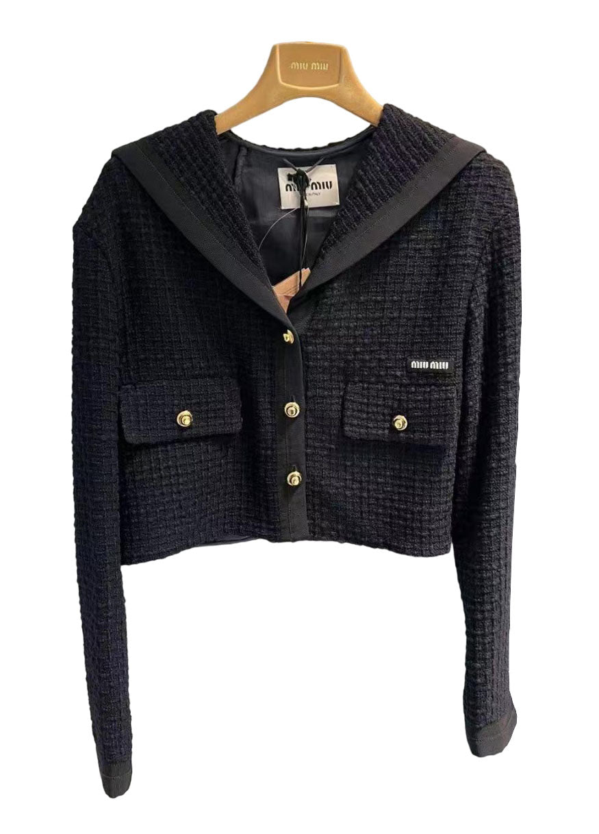 New navy collar pockets single breasted sweater