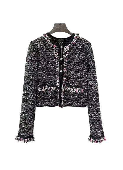 New black diamond button sequined tweed knitted cardigan