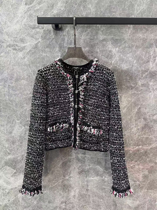 New black diamond button sequined tweed knitted cardigan