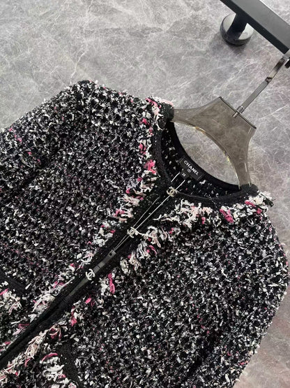 New black diamond button sequined tweed knitted cardigan