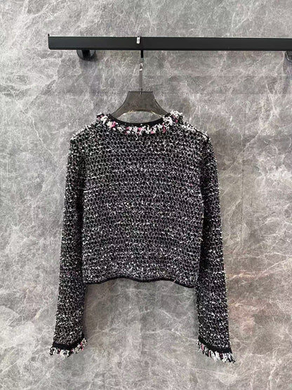 New black diamond button sequined tweed knitted cardigan