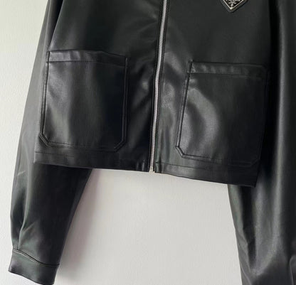 New triangle logo zipper leather jacket