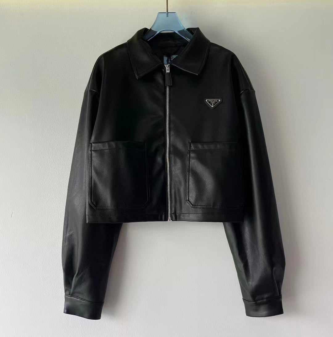 New triangle logo zipper leather jacket