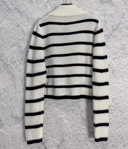 New Polo Neck Contrast Stripe Knit Cardigan