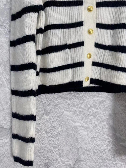 New Polo Neck Contrast Stripe Knit Cardigan