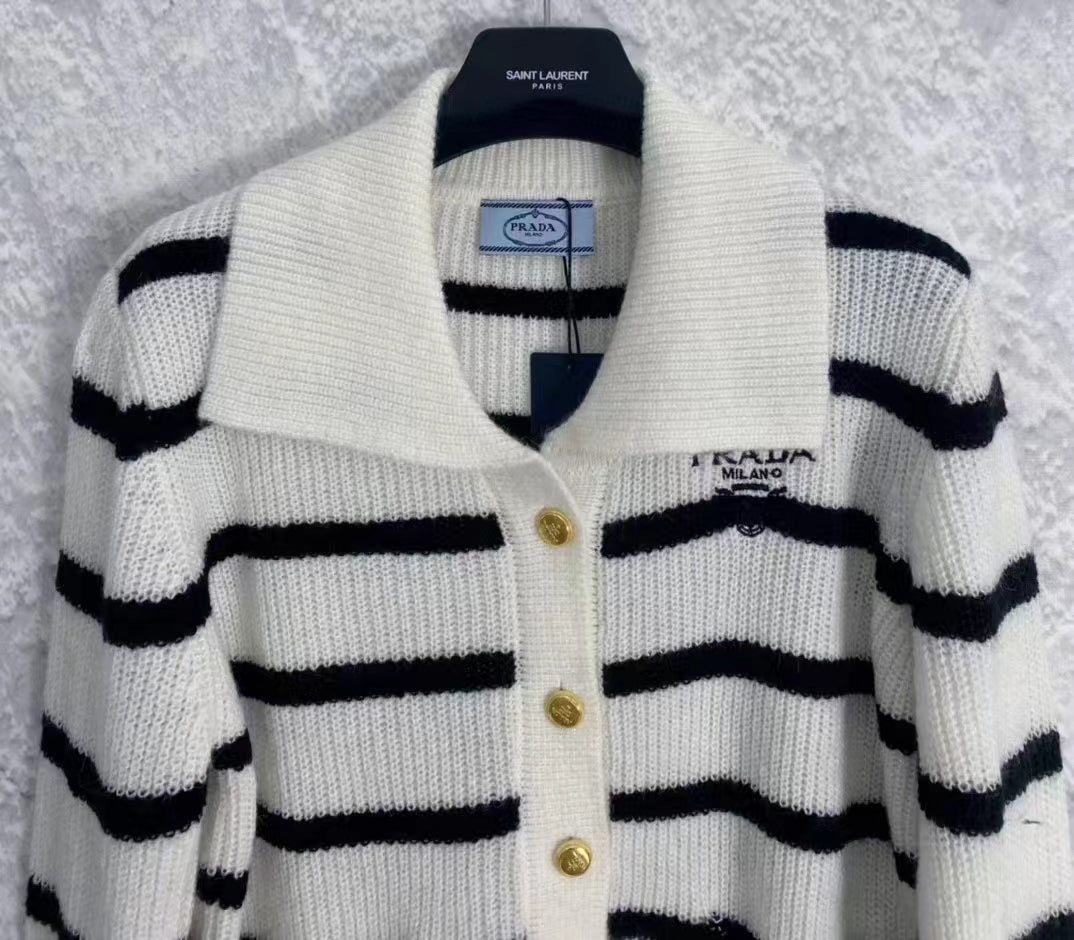 New Polo Neck Contrast Stripe Knit Cardigan