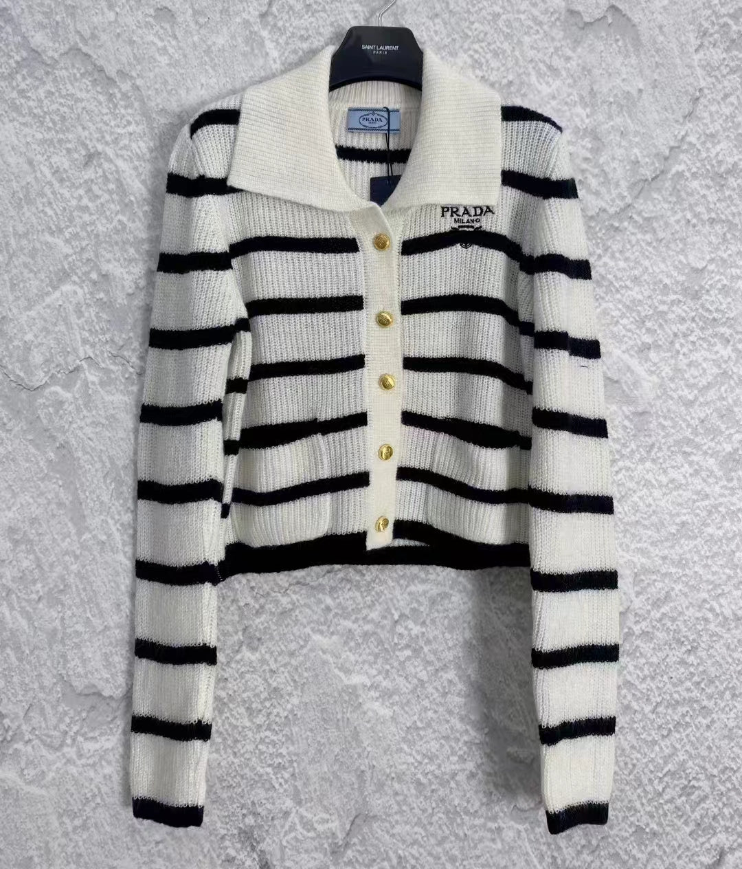 New Polo Neck Contrast Stripe Knit Cardigan