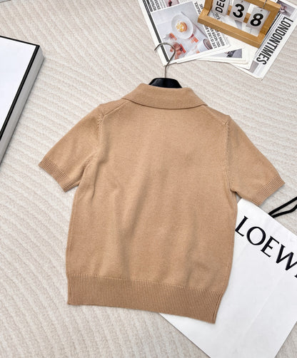 MIU25 Early Spring Letter Embroidery Knitted T-shirt