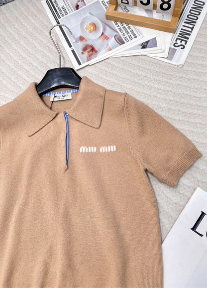 MIU25 Early Spring Letter Embroidery Knitted T-shirt