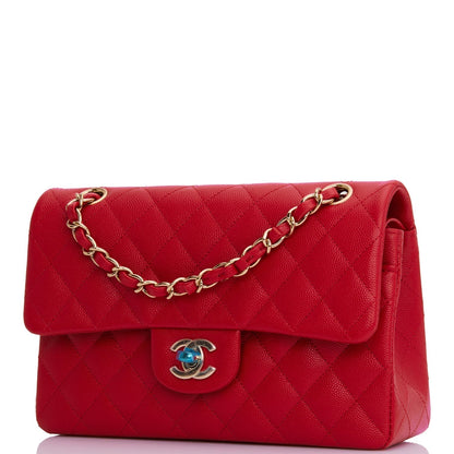 Small Classic Double Flap Red Caviar Light Gold Hardware（15.5×25.5×6.5cm）