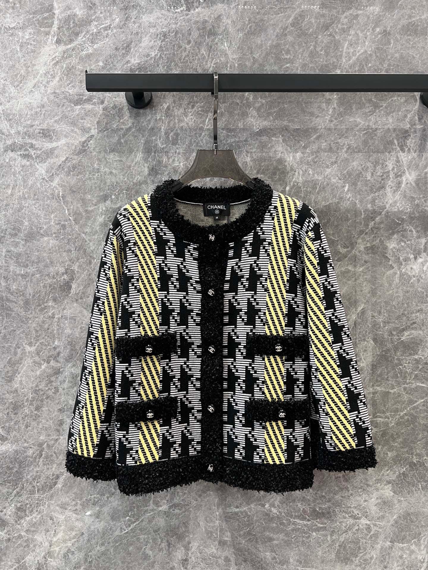 Houndstooth color-blocked knitted cardigan jacket