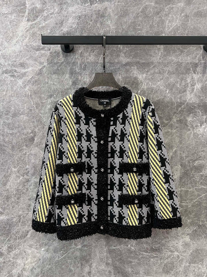 Houndstooth color-blocked knitted cardigan jacket