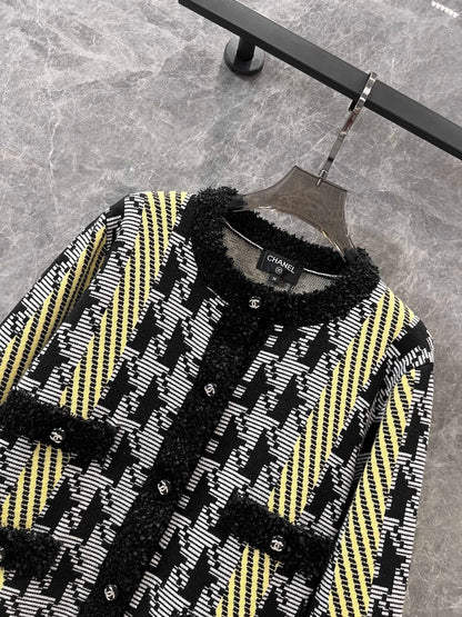 Houndstooth color-blocked knitted cardigan jacket