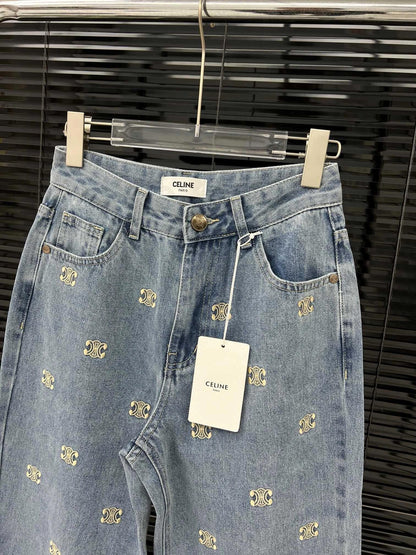 Denim trousers with all-over logo embroidery