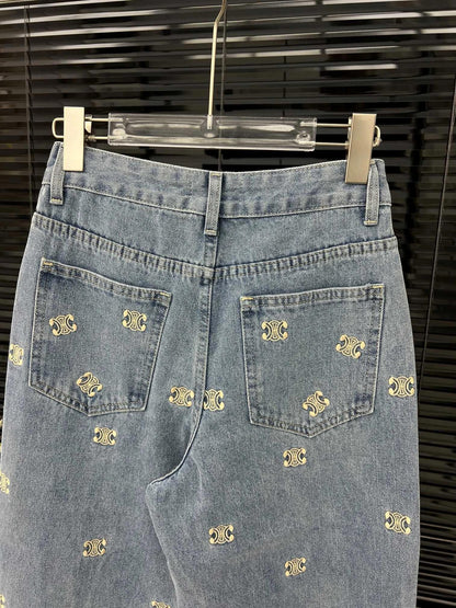 Denim trousers with all-over logo embroidery