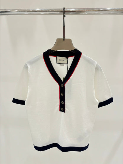 New retro V-neck button knitted short sleeves