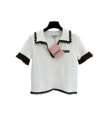 New fully hollow small lapel contrast knitted top short sleeves