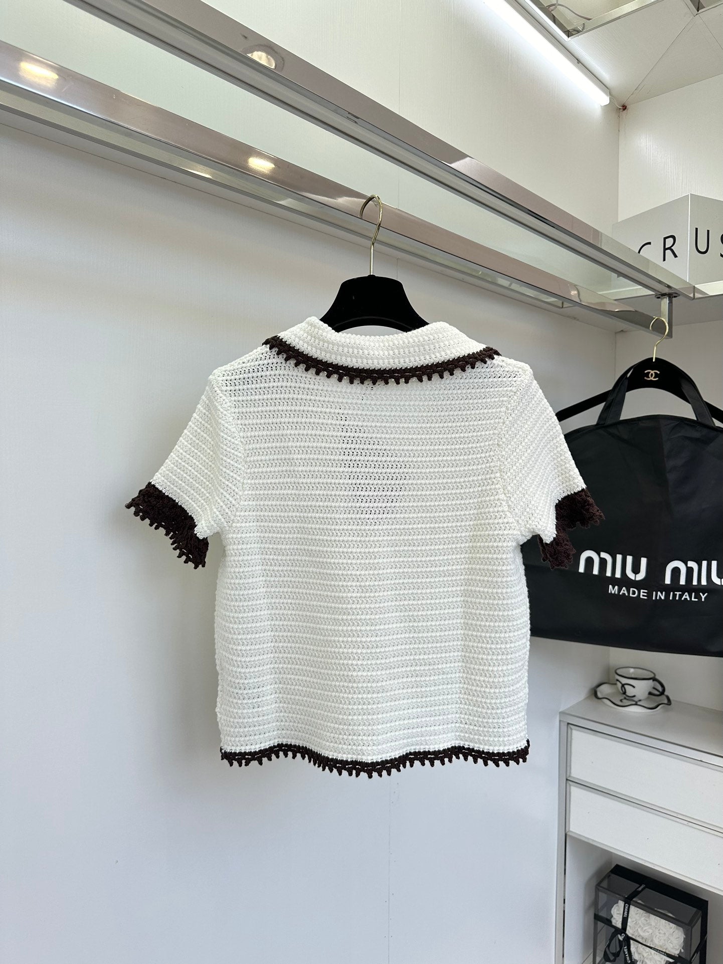 New fully hollow small lapel contrast knitted top short sleeves