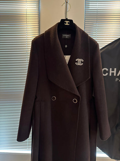 New Cashmere Coat with Logo Brooch