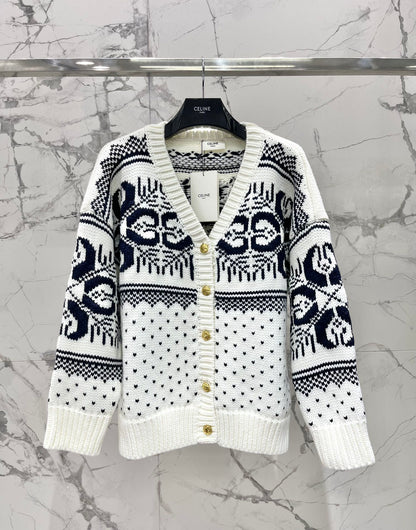 New V-neck logo jacquard knit cardigan