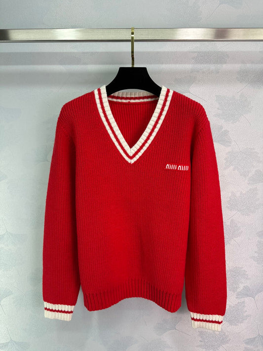 MIU25 Early Spring Classic V-neck Long-sleeved Sweater