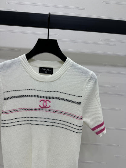 Chan*l Early Spring Vertical Stripe Double C Embroidery Knitted Short Sleeve