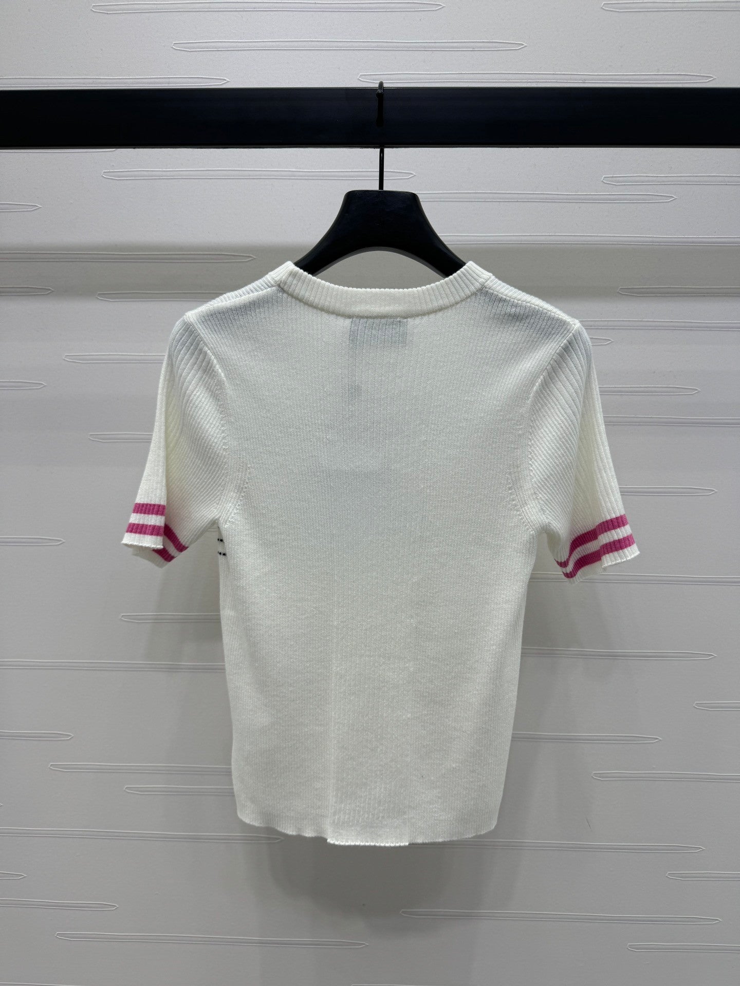 Chan*l Early Spring Vertical Stripe Double C Embroidery Knitted Short Sleeve