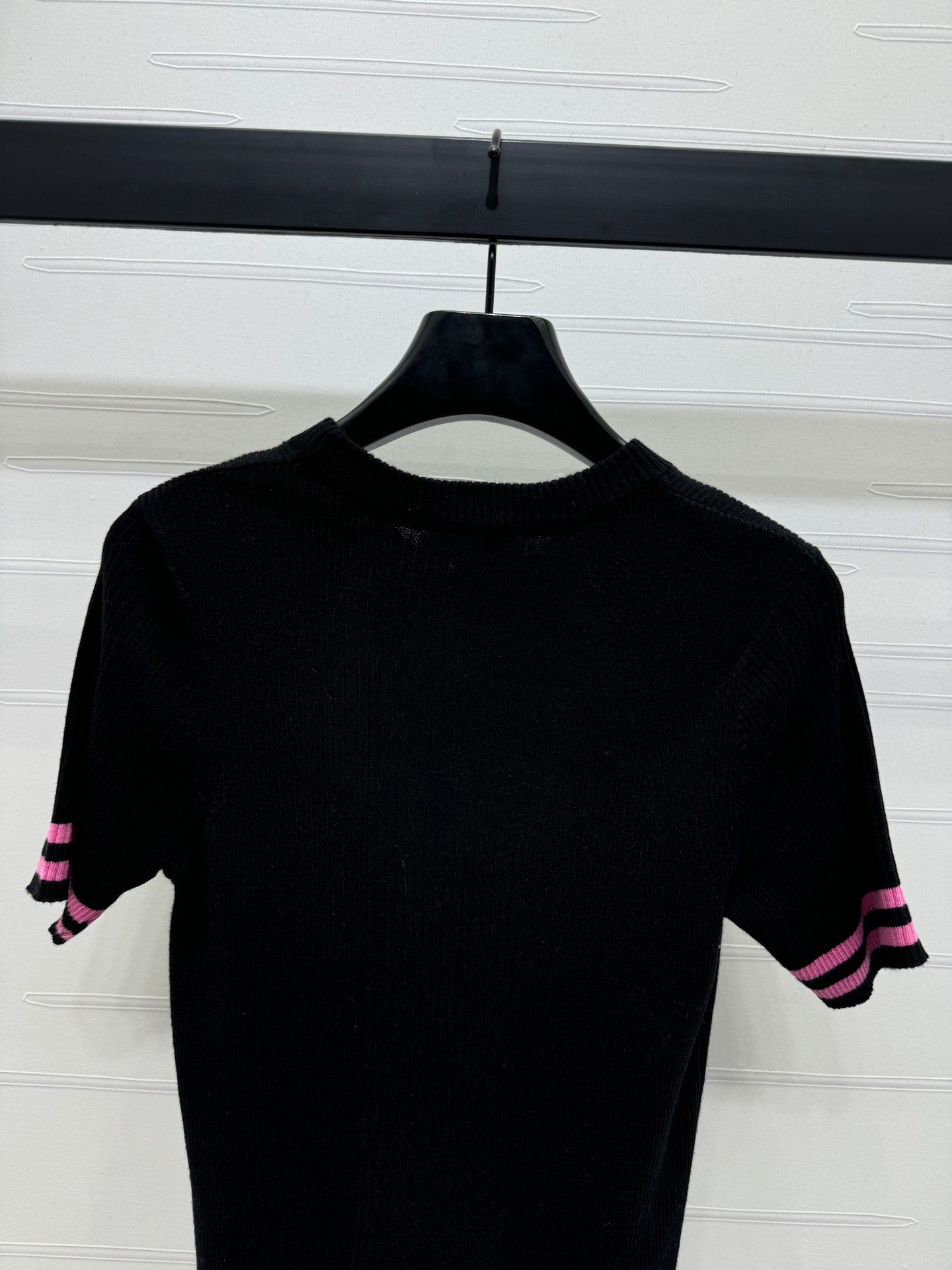 Chan*l Early Spring Vertical Stripe Double C Embroidery Knitted Short Sleeve