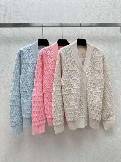 Letter F 3D embossed jacquard knitted V-neck double pocket cardigan